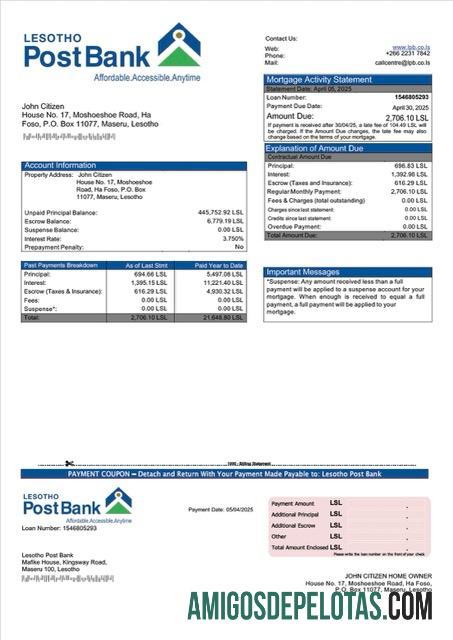 para download Modelo Word e PDF de extrato de hipoteca do Lesotho Post Bank